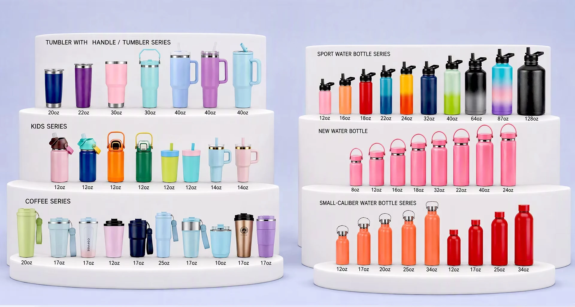 Drinkware family display with mugs, tumblers and water bottles