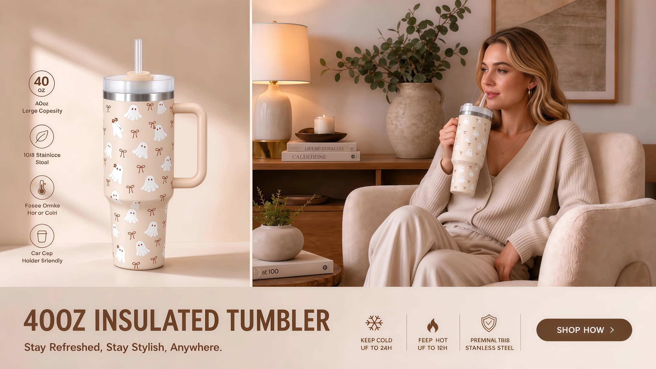 40oz patterned handled tumbler in a home setting