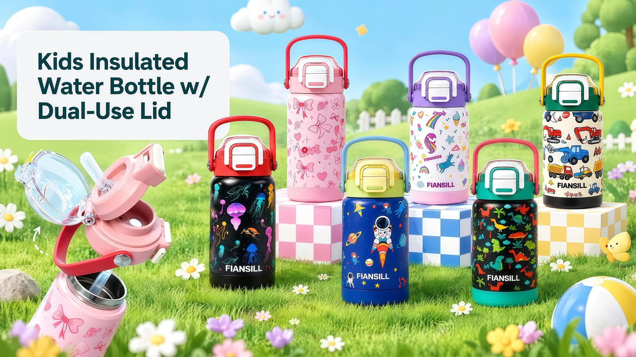 Decorated kids water bottles with dual-use lids