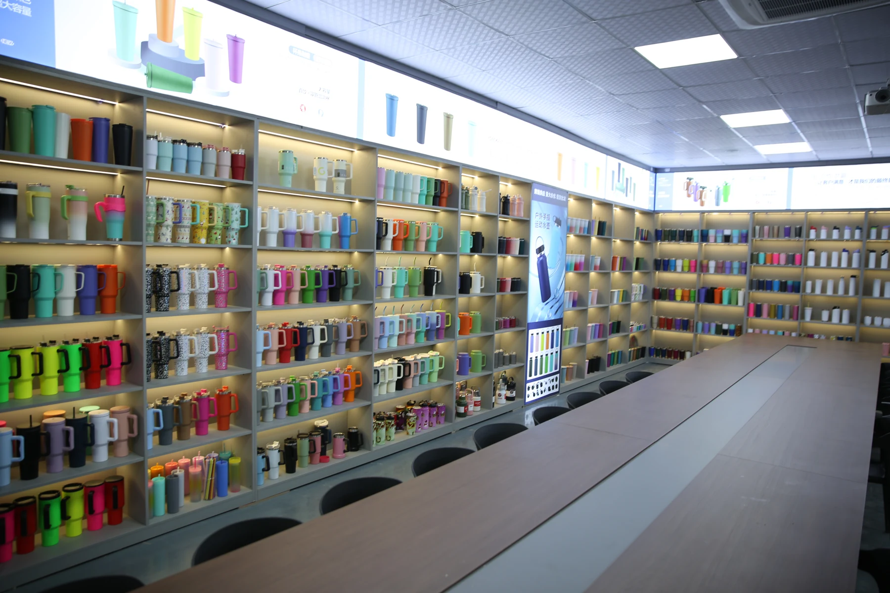 A drinkware showroom with different cup styles on display